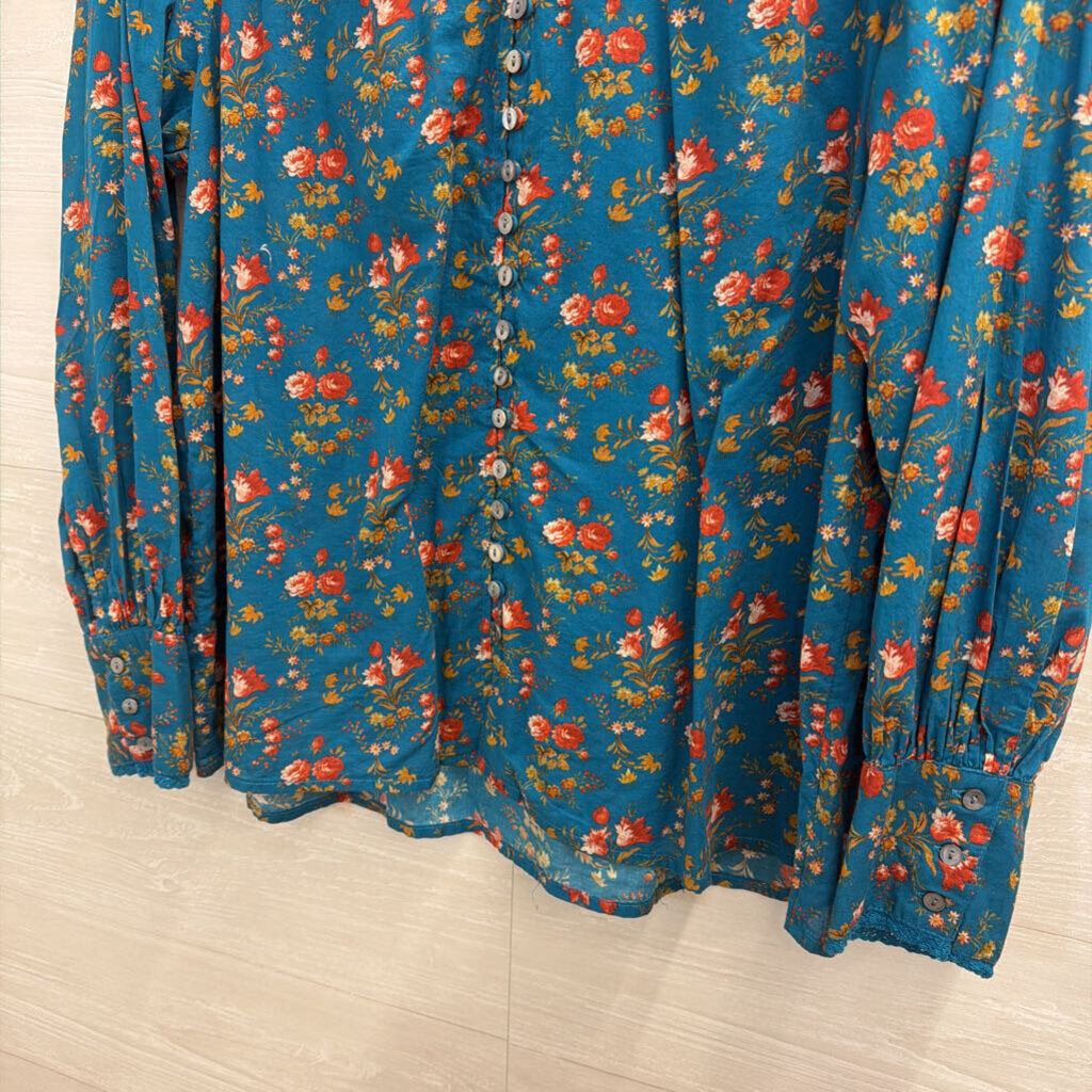 Sundance Blue/ Pink Floral Print Button Front Long Sleeve Top Small