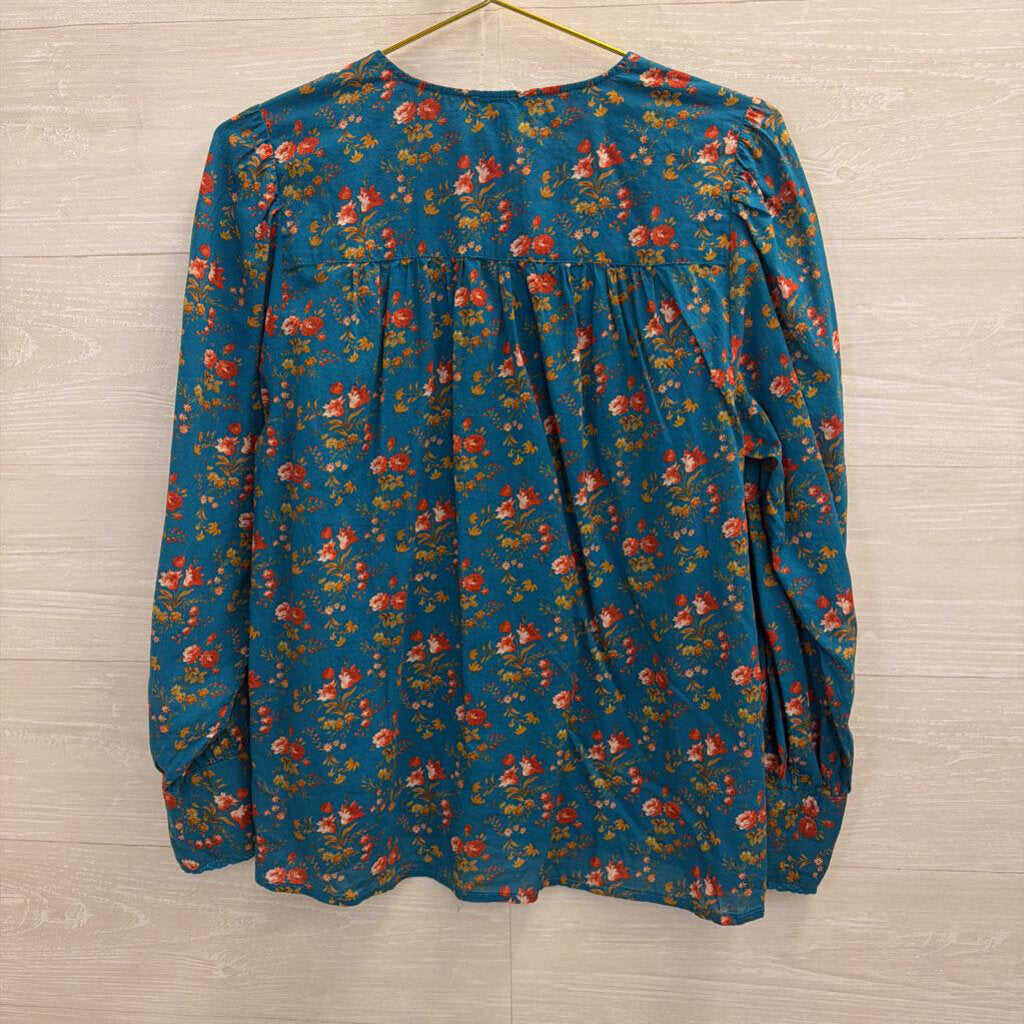 Sundance Blue/ Pink Floral Print Button Front Long Sleeve Top Small