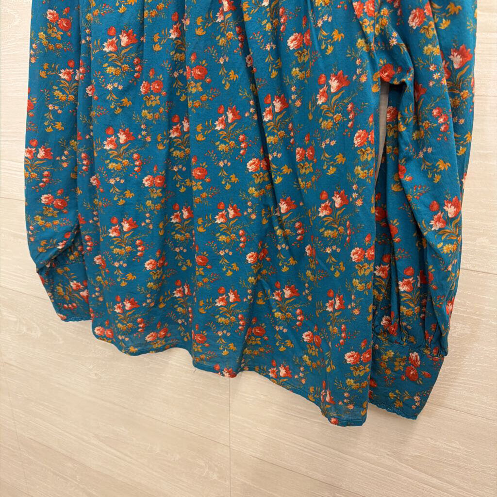Sundance Blue/ Pink Floral Print Button Front Long Sleeve Top Small