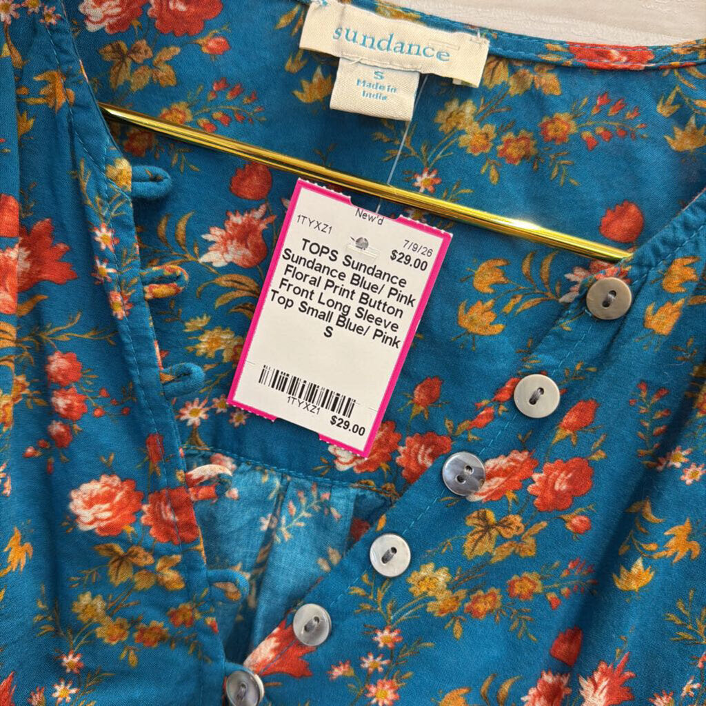Sundance Blue/ Pink Floral Print Button Front Long Sleeve Top Small