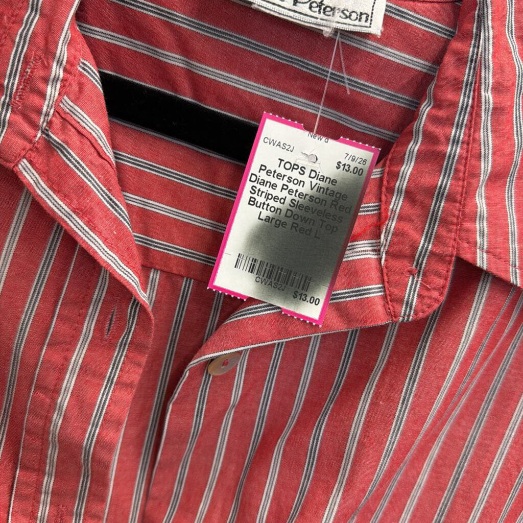 Vintage Diane Peterson Red Striped Sleeveless Button Down Top Large