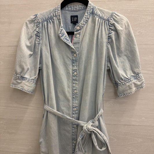 Gap Blue Chambray Short Puff Sleeve Button Front Dress Extra Small Petite