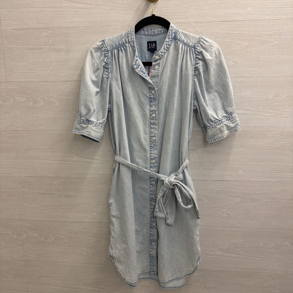 Gap Blue Chambray Short Puff Sleeve Button Front Dress Extra Small Petite