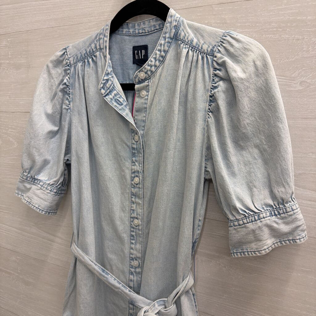 Gap Blue Chambray Short Puff Sleeve Button Front Dress Extra Small Petite