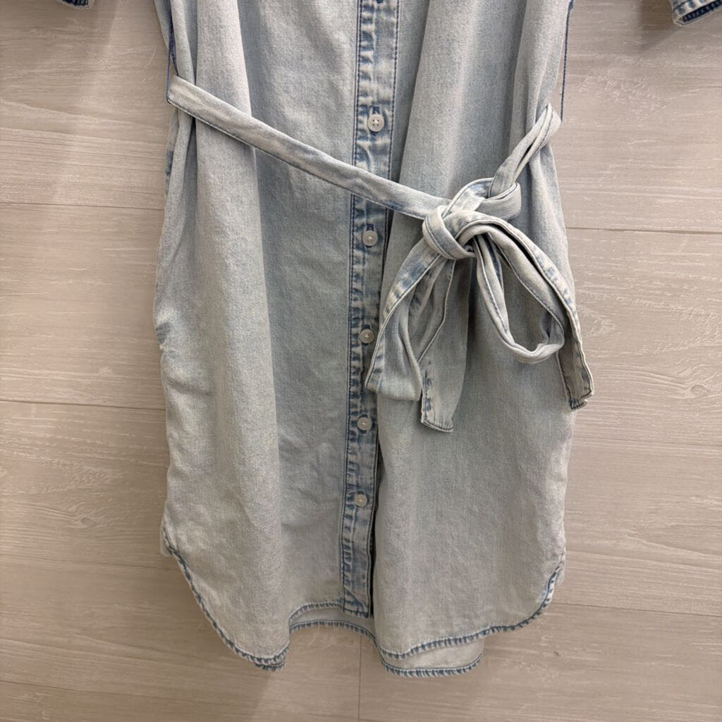 Gap Blue Chambray Short Puff Sleeve Button Front Dress Extra Small Petite