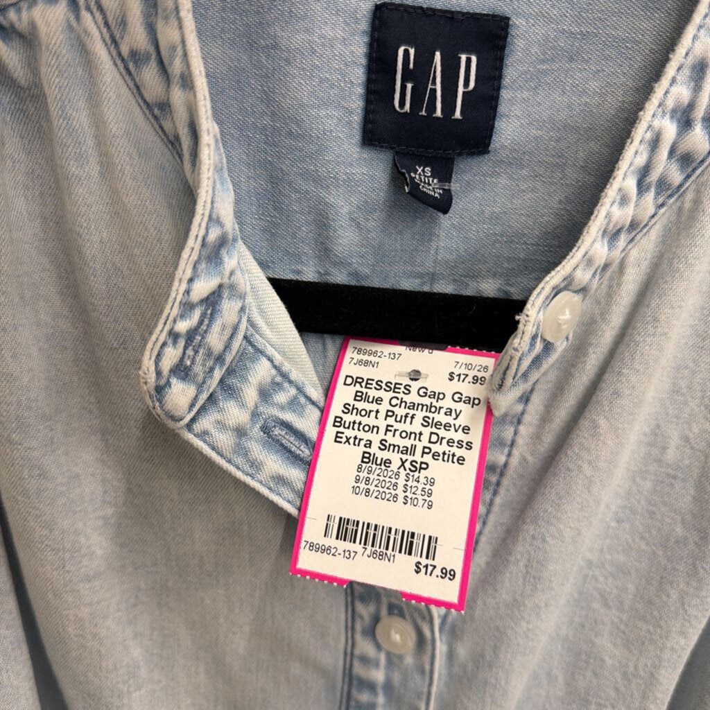 Gap Blue Chambray Short Puff Sleeve Button Front Dress Extra Small Petite