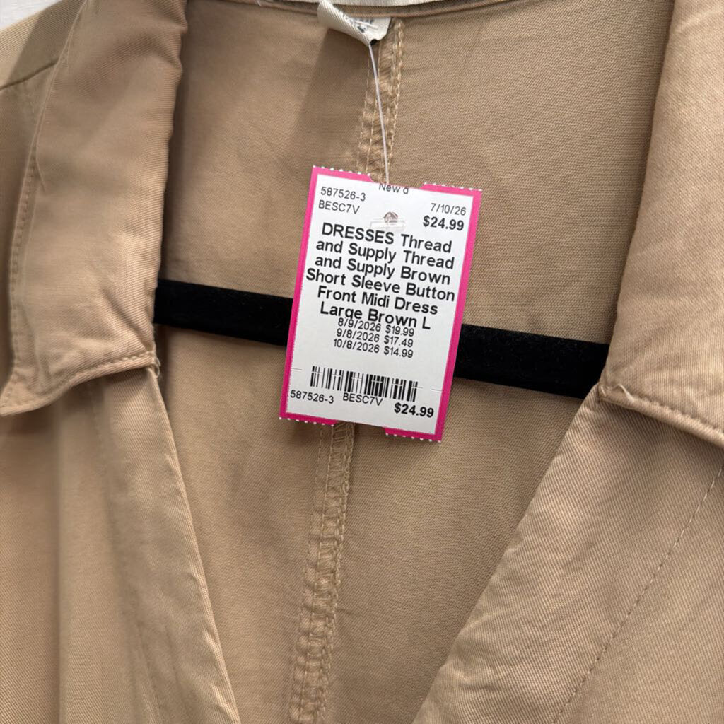 Thread and Supply Brown Short Sleeve Button Front Midi Dress Large
