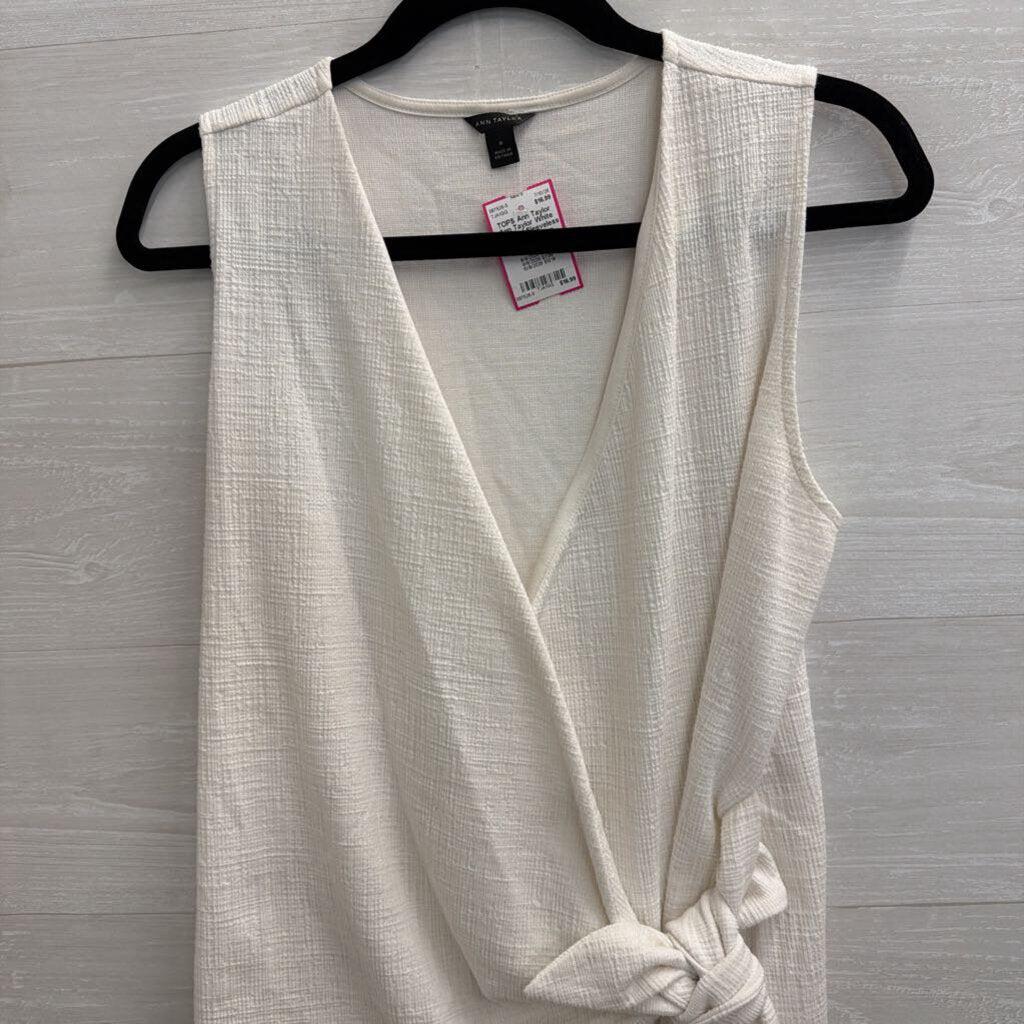 Ann Taylor White Textured Sleeveless Faux Wrap Top Medium