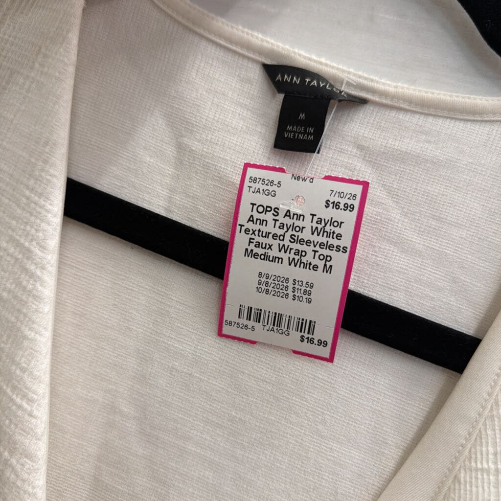 Ann Taylor White Textured Sleeveless Faux Wrap Top Medium