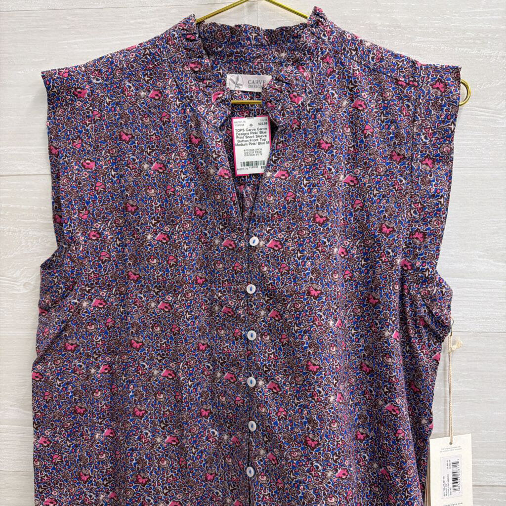 Carve Designs Pink/ Blue Print Short Sleeve Button Front Top Medium