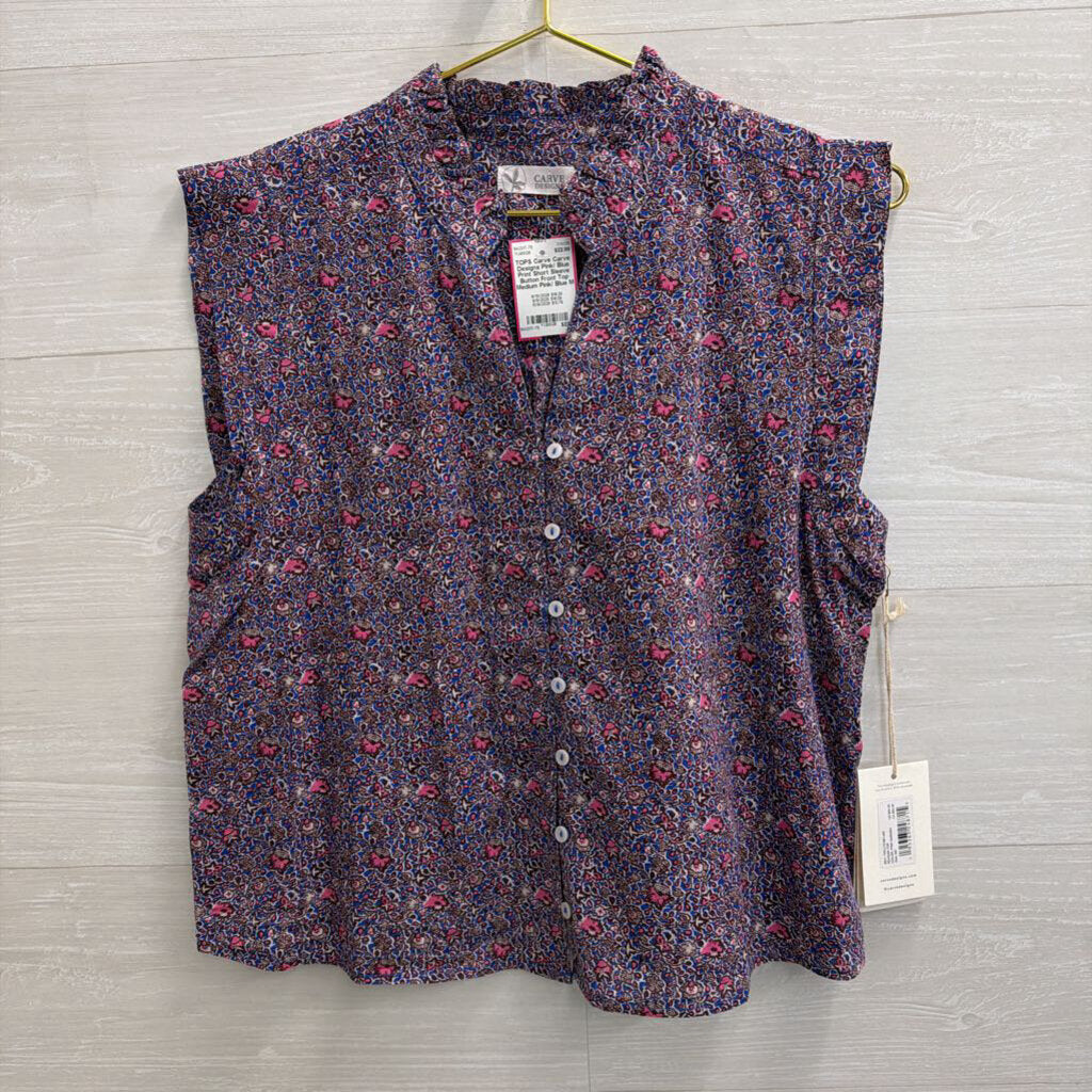 Carve Designs Pink/ Blue Print Short Sleeve Button Front Top Medium