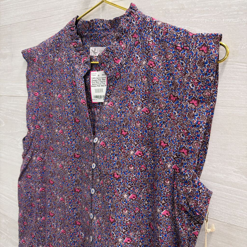 Carve Designs Pink/ Blue Print Short Sleeve Button Front Top Medium