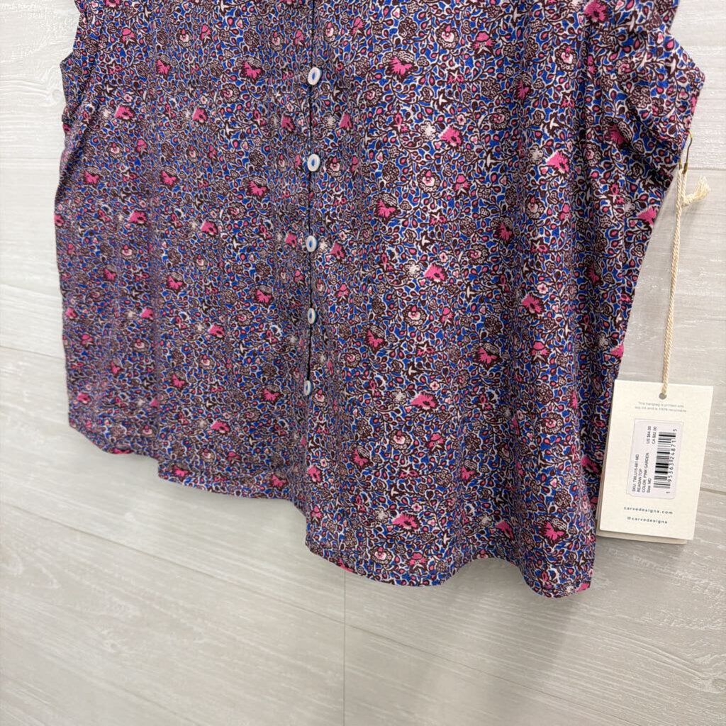 Carve Designs Pink/ Blue Print Short Sleeve Button Front Top Medium