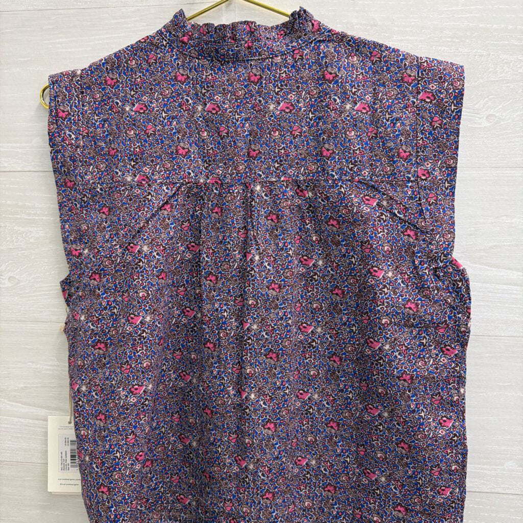 Carve Designs Pink/ Blue Print Short Sleeve Button Front Top Medium