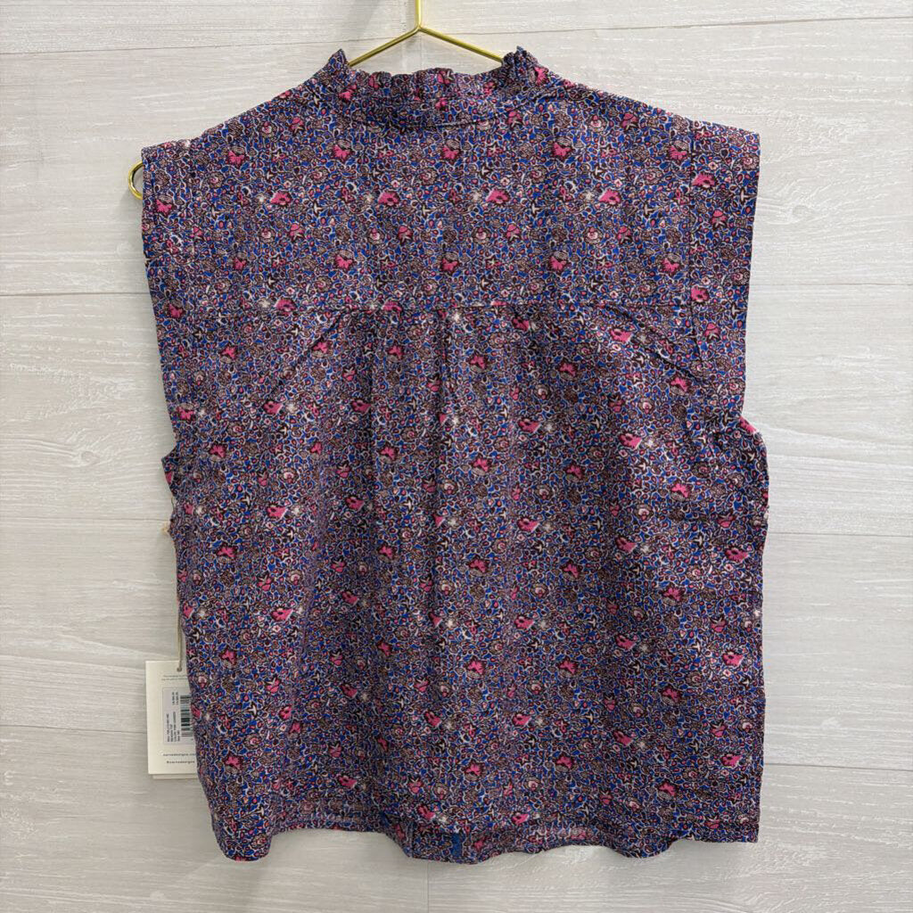 Carve Designs Pink/ Blue Print Short Sleeve Button Front Top Medium