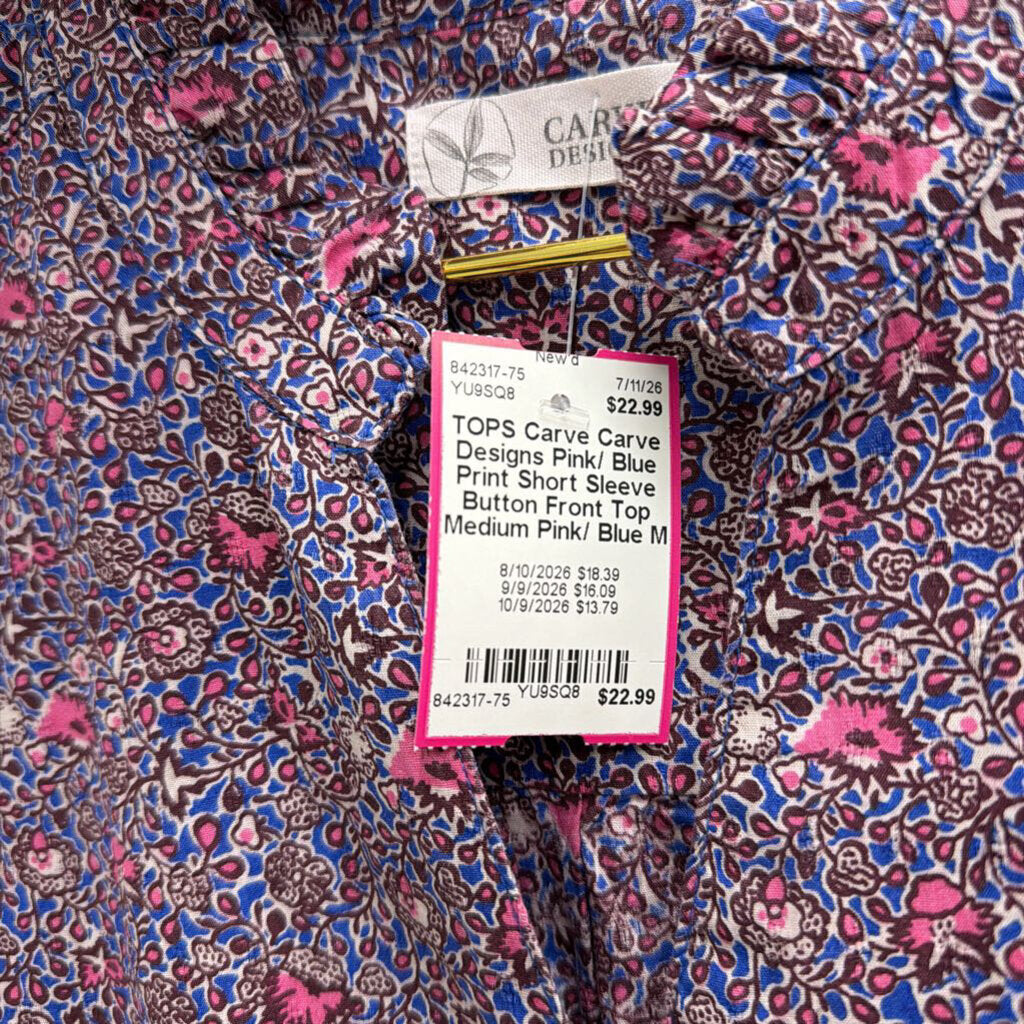 Carve Designs Pink/ Blue Print Short Sleeve Button Front Top Medium