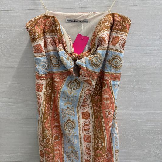 Abercrombie and Fitch Cream/ Blue/ Pink Print Strapless Maxi Dress Large Tall