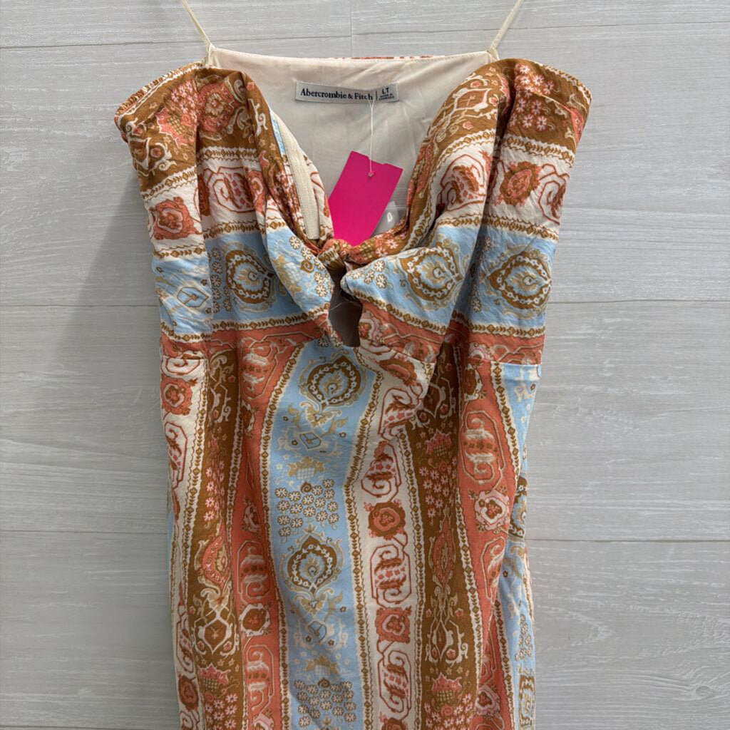 Abercrombie and Fitch Cream/ Blue/ Pink Print Strapless Maxi Dress Large Tall