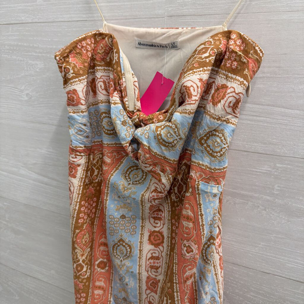 Abercrombie and Fitch Cream/ Blue/ Pink Print Strapless Maxi Dress Large Tall