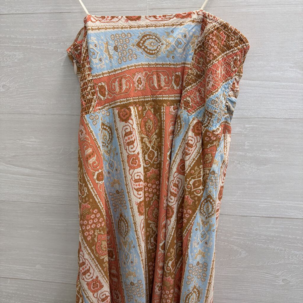 Abercrombie and Fitch Cream/ Blue/ Pink Print Strapless Maxi Dress Large Tall