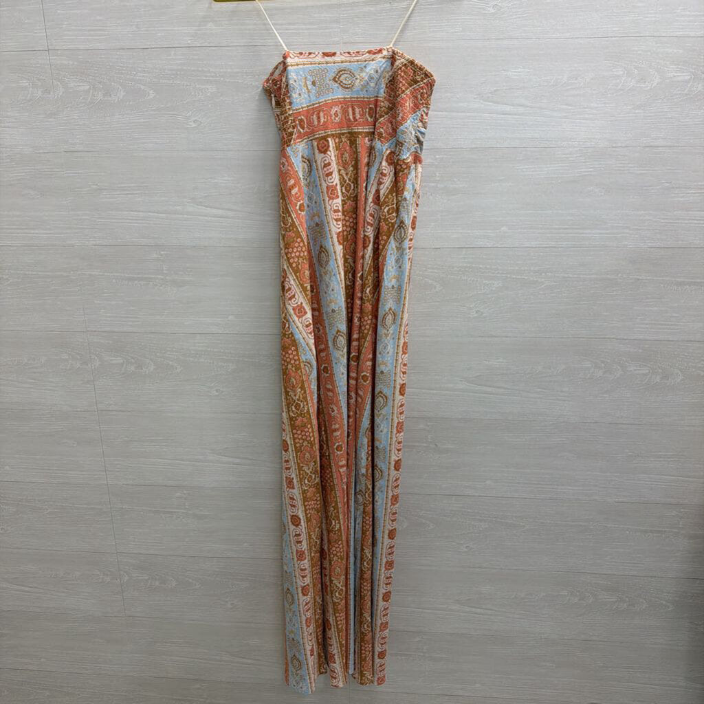 Abercrombie and Fitch Cream/ Blue/ Pink Print Strapless Maxi Dress Large Tall