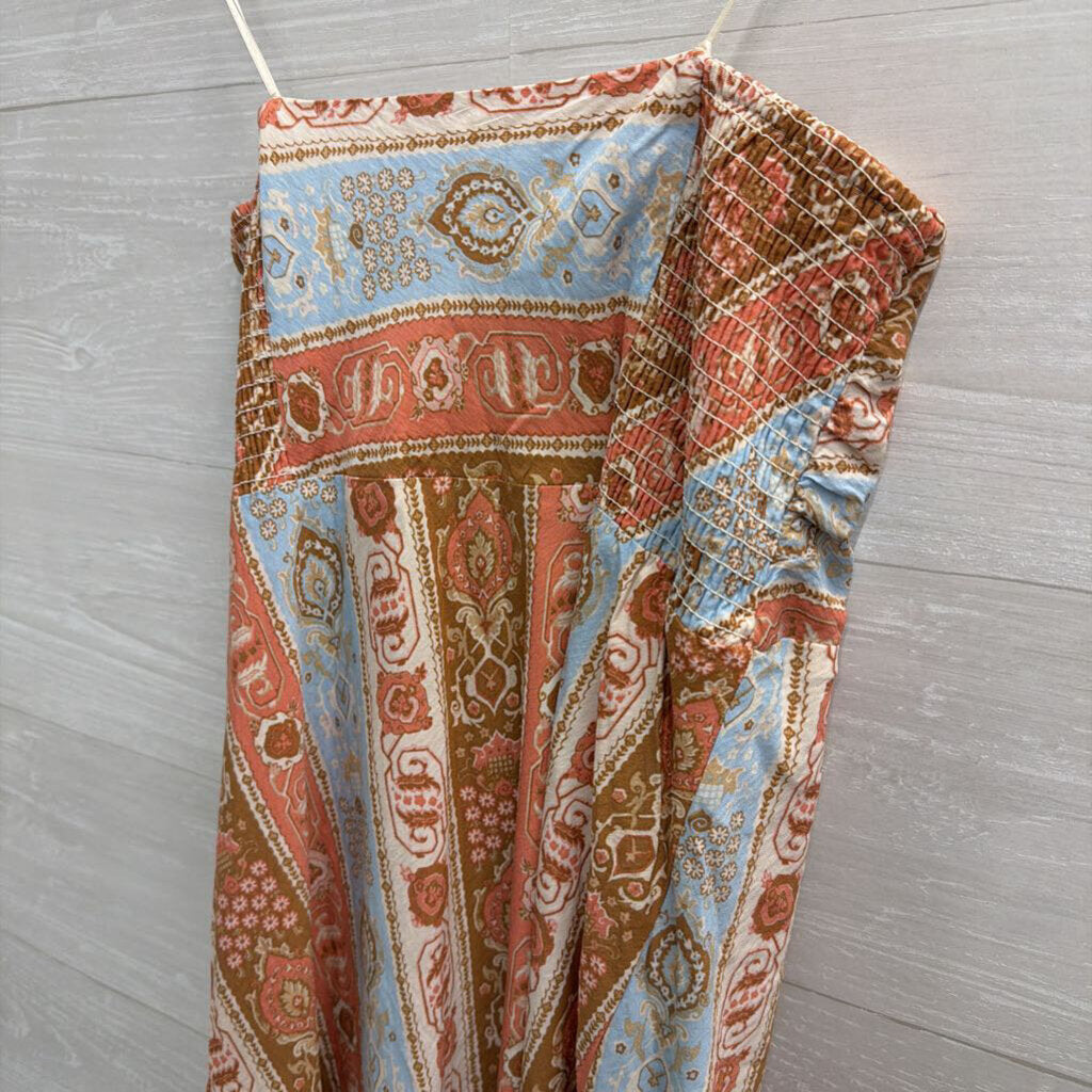 Abercrombie and Fitch Cream/ Blue/ Pink Print Strapless Maxi Dress Large Tall
