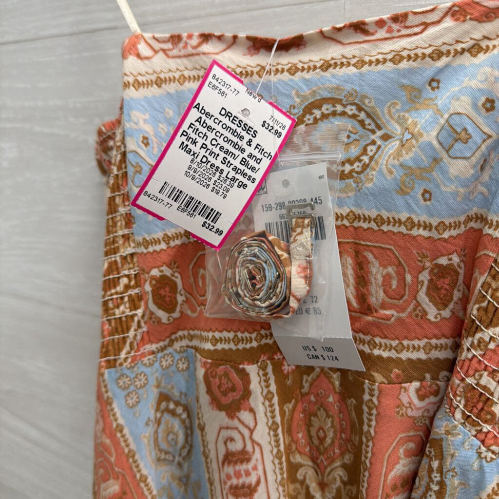 Abercrombie and Fitch Cream/ Blue/ Pink Print Strapless Maxi Dress Large Tall