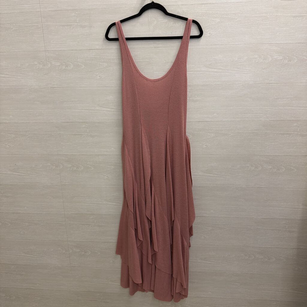 FP Beach Pink Ribbed Ruffle Hem Maxi Tank Dress Large