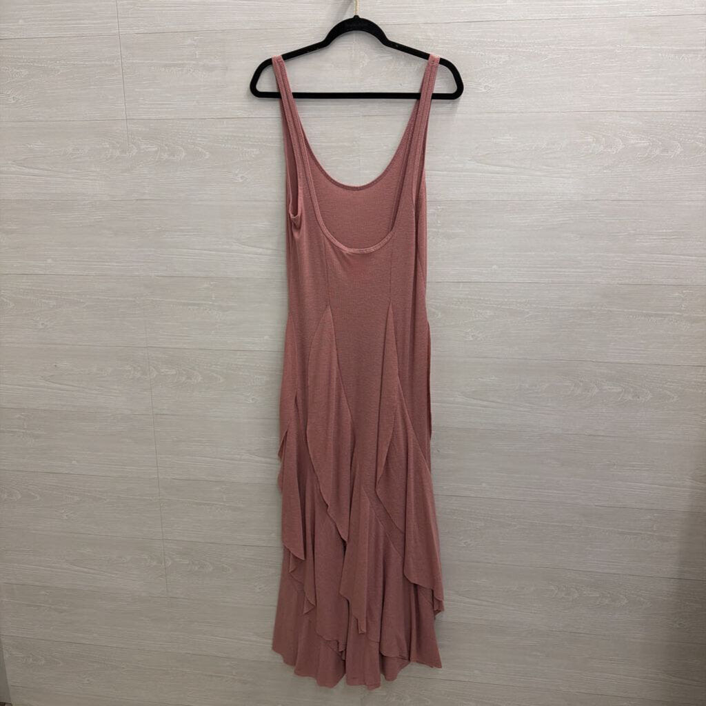 FP Beach Pink Ribbed Ruffle Hem Maxi Tank Dress Large