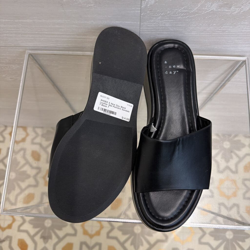 Black Leather Slid Platform Sandals 7