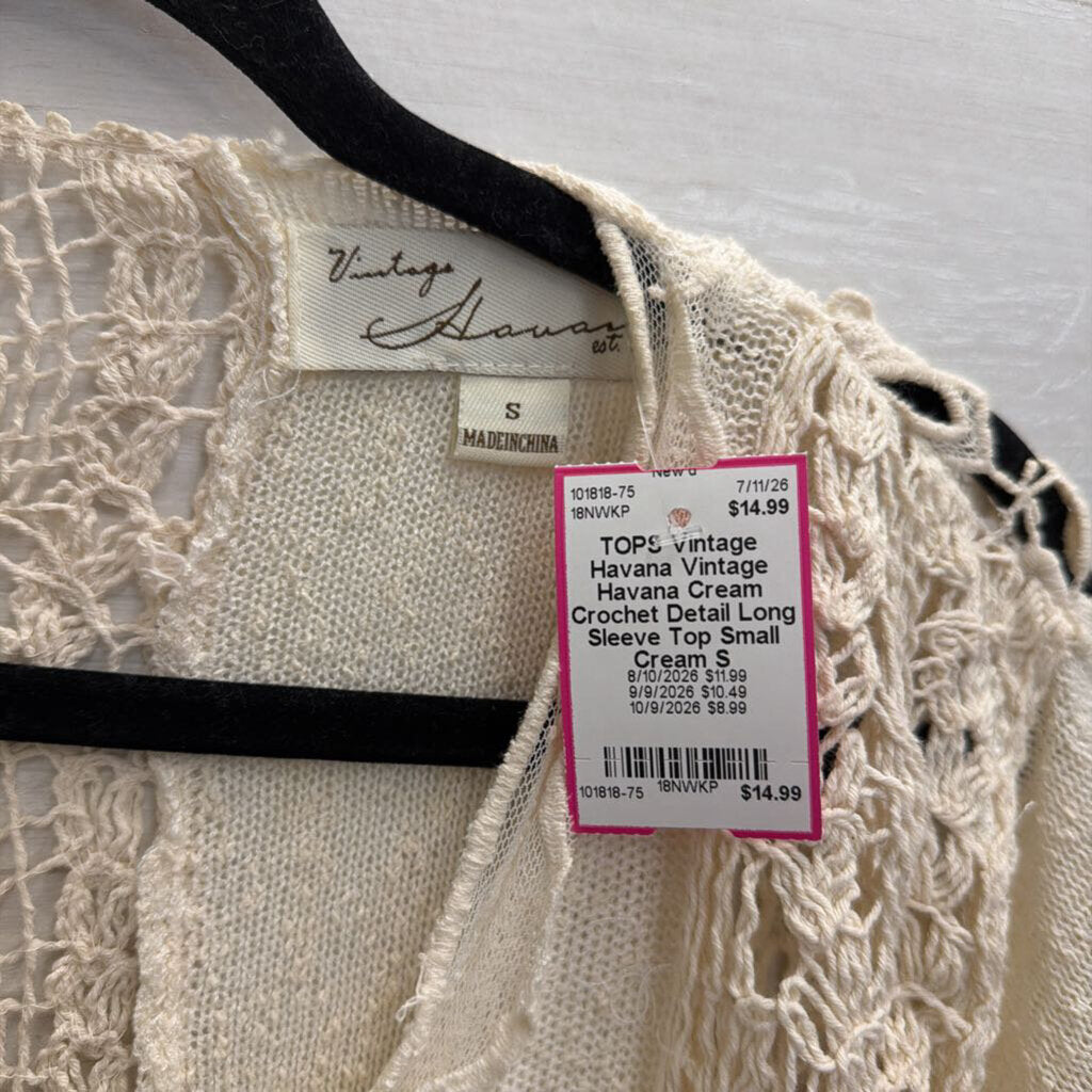 Vintage Havana Cream Crochet Detail Long Sleeve Top Small