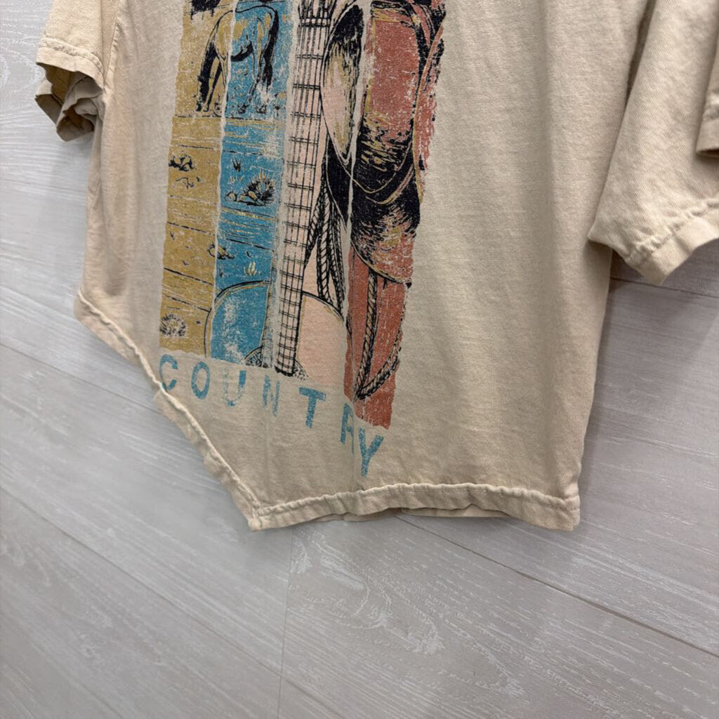 American Highway Beige/ Multi Born Country Cropped Short Sleeve Graphic Tee Small