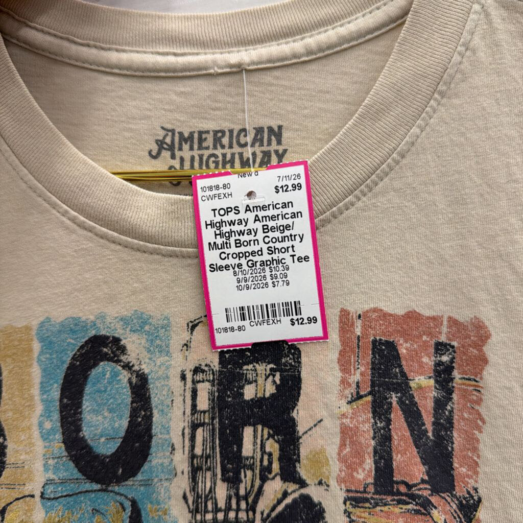 American Highway Beige/ Multi Born Country Cropped Short Sleeve Graphic Tee Small