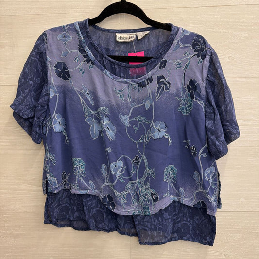 Vintage Delores Bell Blue Print Layered Short Sleeve Top Small