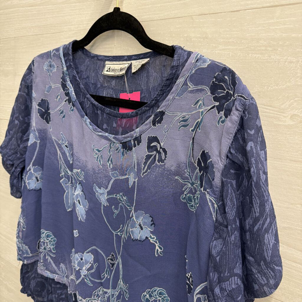 Vintage Delores Bell Blue Print Layered Short Sleeve Top Small