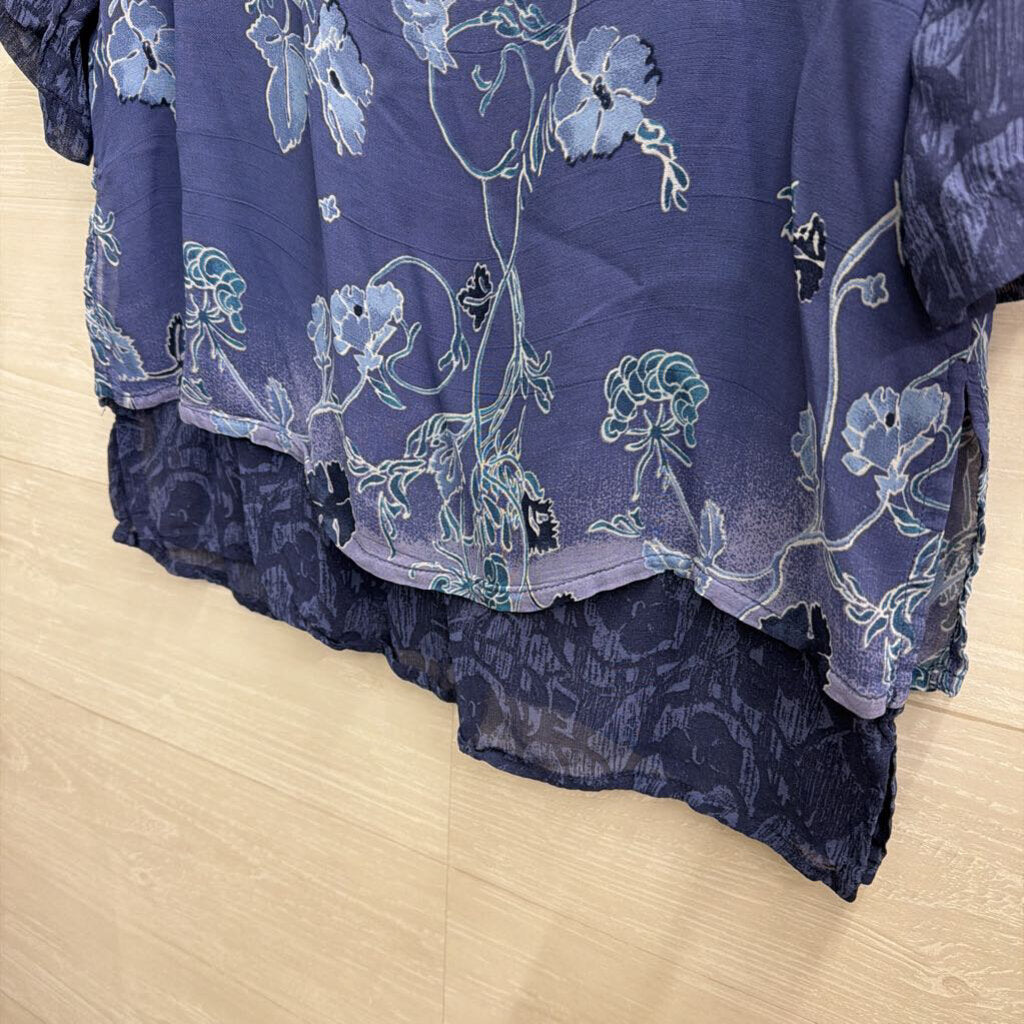Vintage Delores Bell Blue Print Layered Short Sleeve Top Small