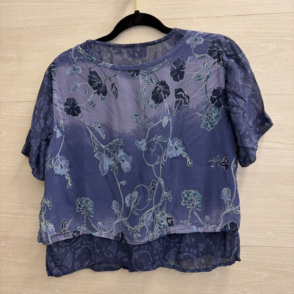 Vintage Delores Bell Blue Print Layered Short Sleeve Top Small