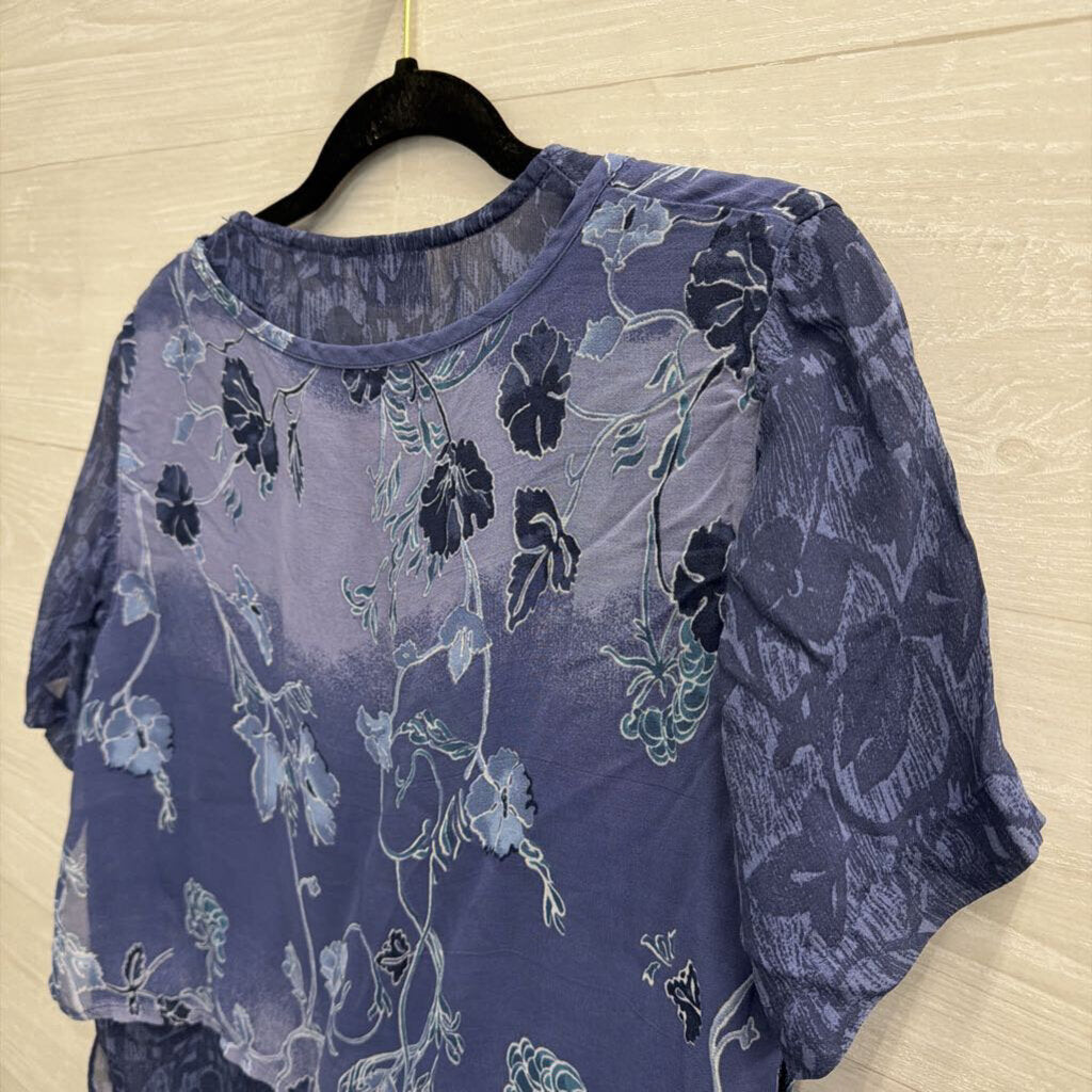 Vintage Delores Bell Blue Print Layered Short Sleeve Top Small