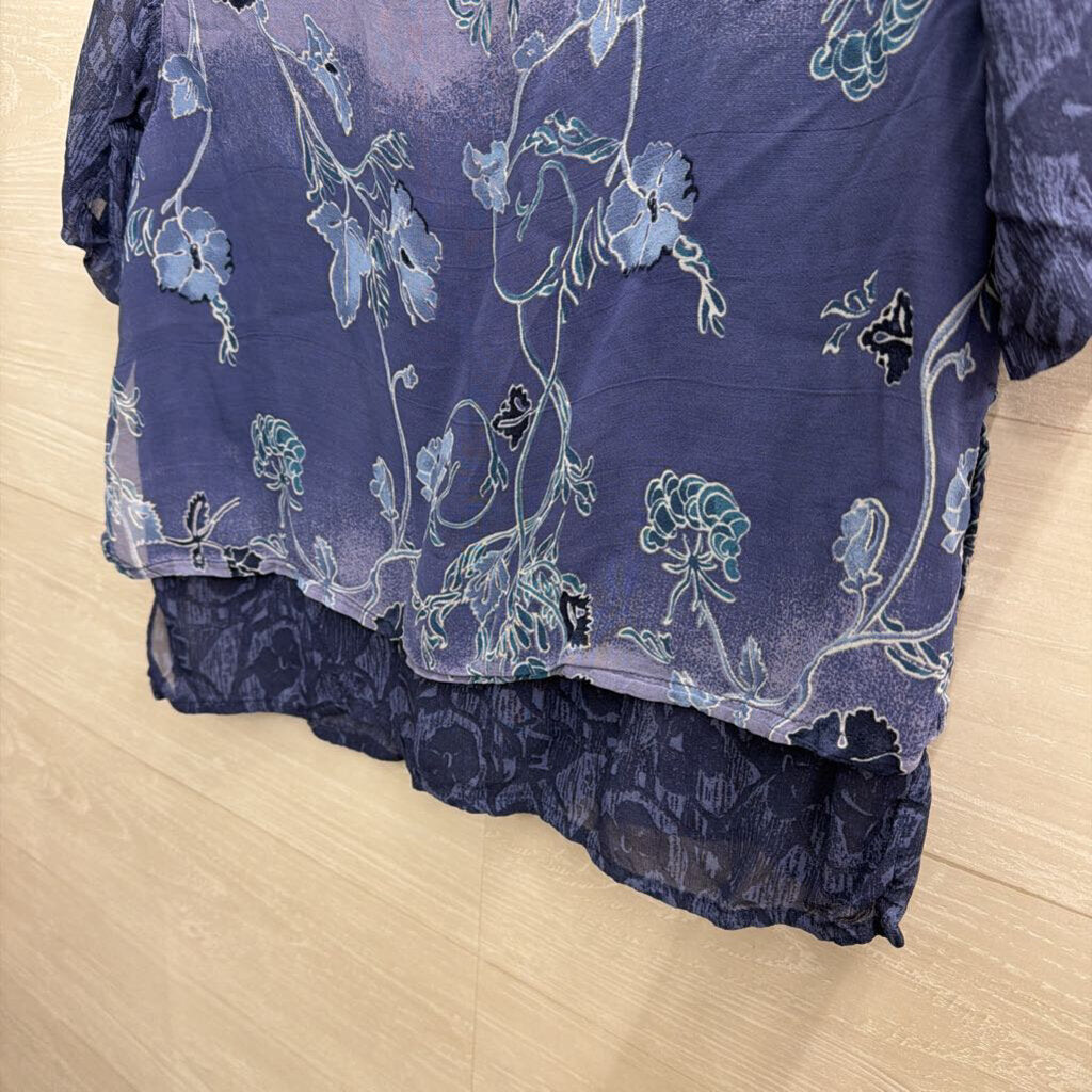 Vintage Delores Bell Blue Print Layered Short Sleeve Top Small