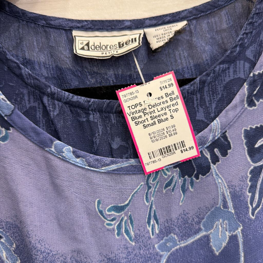 Vintage Delores Bell Blue Print Layered Short Sleeve Top Small