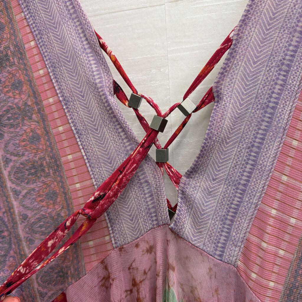 Free People Purple Print Long Sleeve Sheer Dress Small