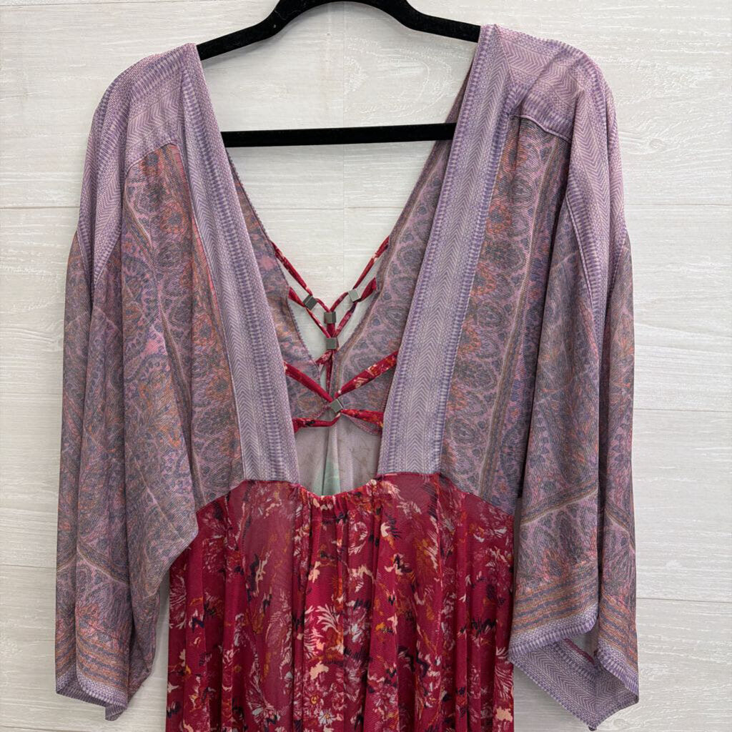 Free People Purple Print Long Sleeve Sheer Dress Small