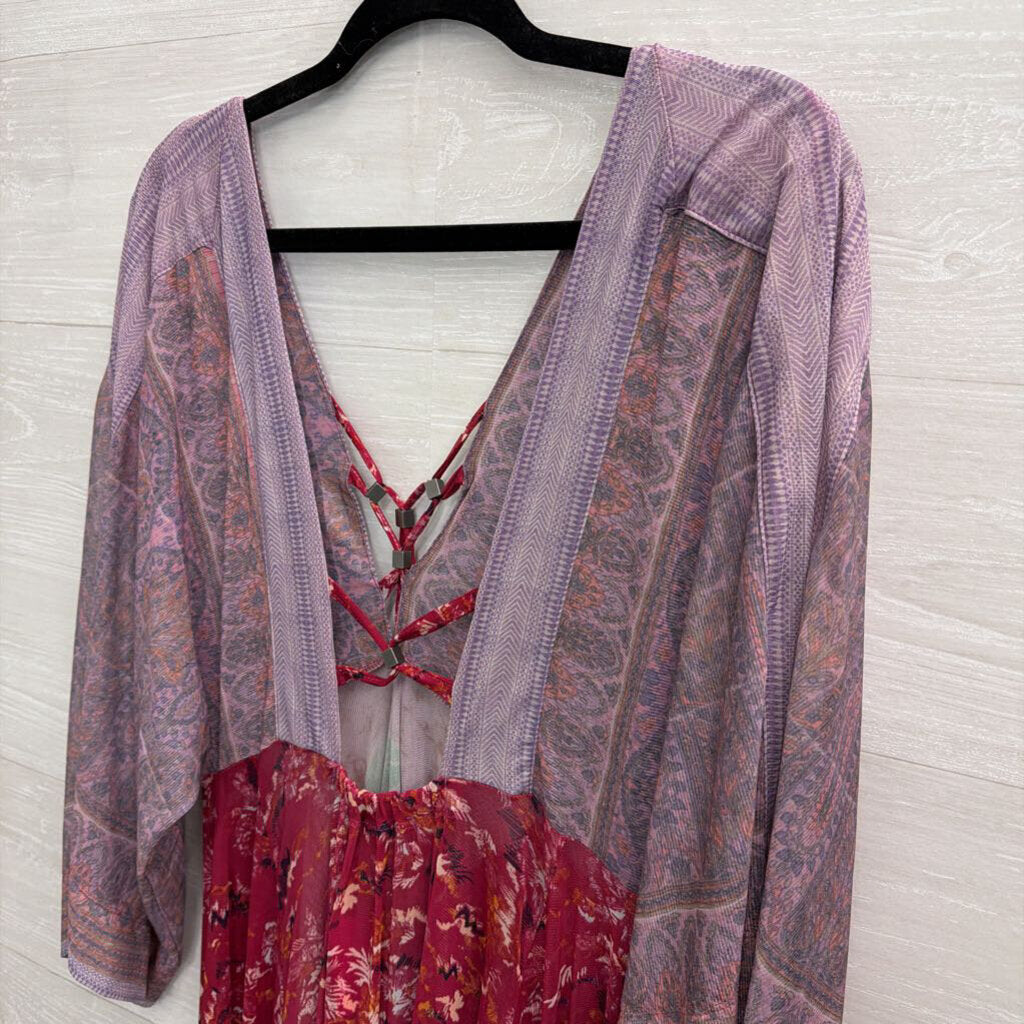 Free People Purple Print Long Sleeve Sheer Dress Small