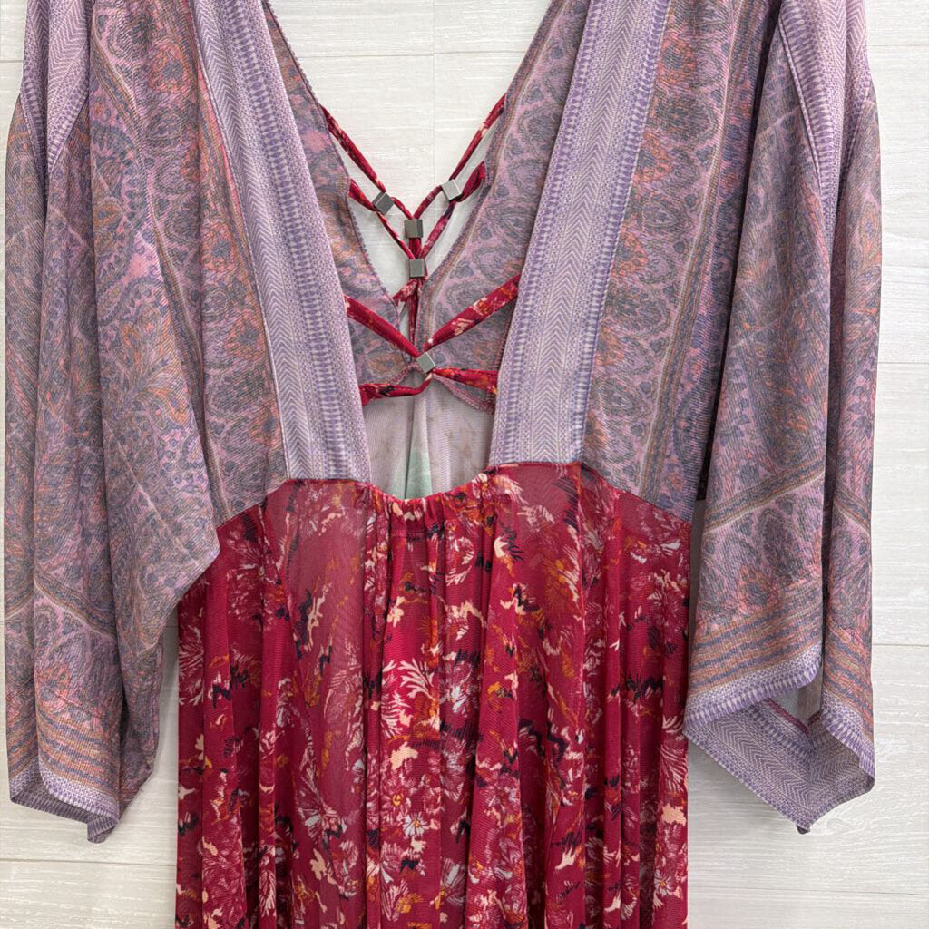Free People Purple Print Long Sleeve Sheer Dress Small