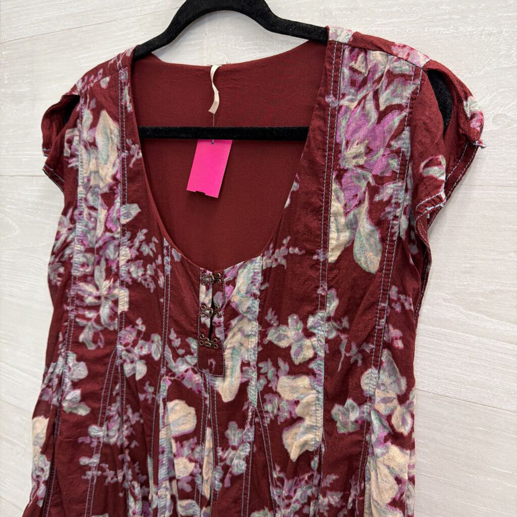 Free People Purple Floral Print Short Sleeve Tunic Top Medium