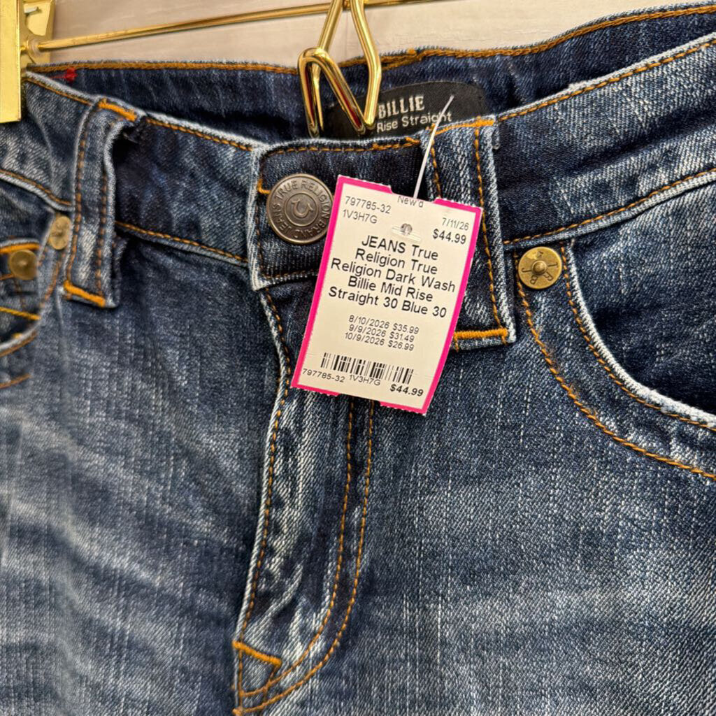 True Religion Dark Wash Billie Mid Rise Straight 30