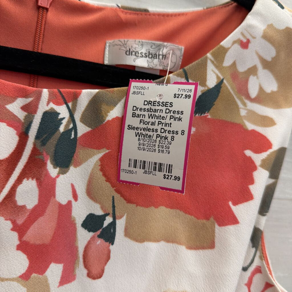 Dress Barn White/ Pink Floral Print Sleeveless Dress 8
