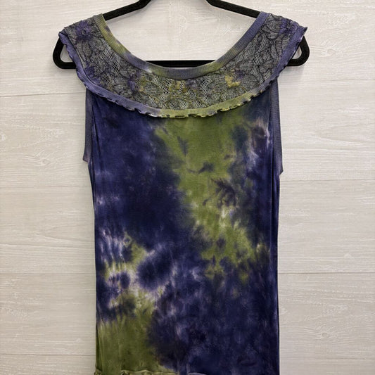 Mezon Wearable Art Blue/ Green Tie Dye Lace Detail Sleeveless Midi Dress Large