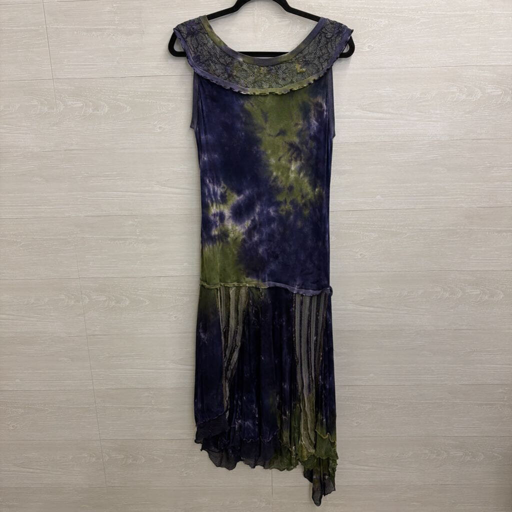Mezon Wearable Art Blue/ Green Tie Dye Lace Detail Sleeveless Midi Dress Large