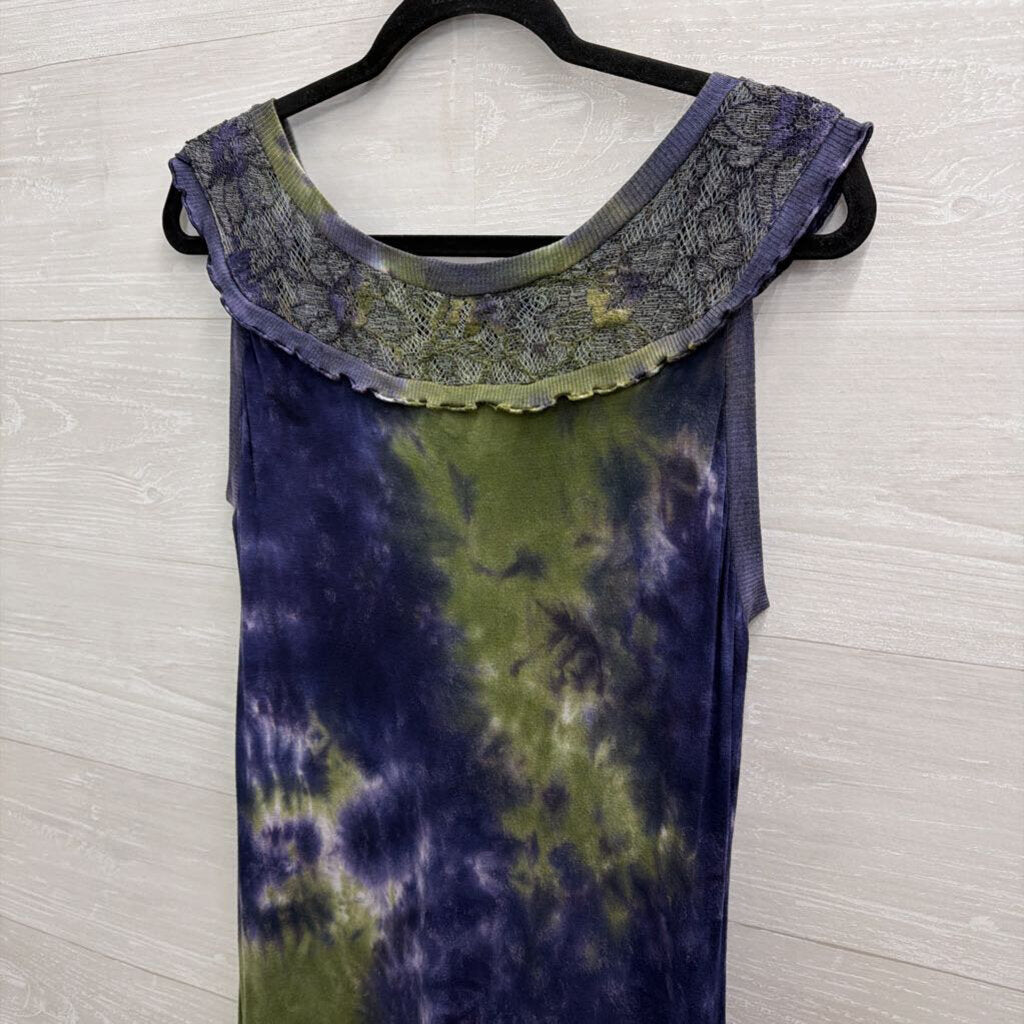 Mezon Wearable Art Blue/ Green Tie Dye Lace Detail Sleeveless Midi Dress Large